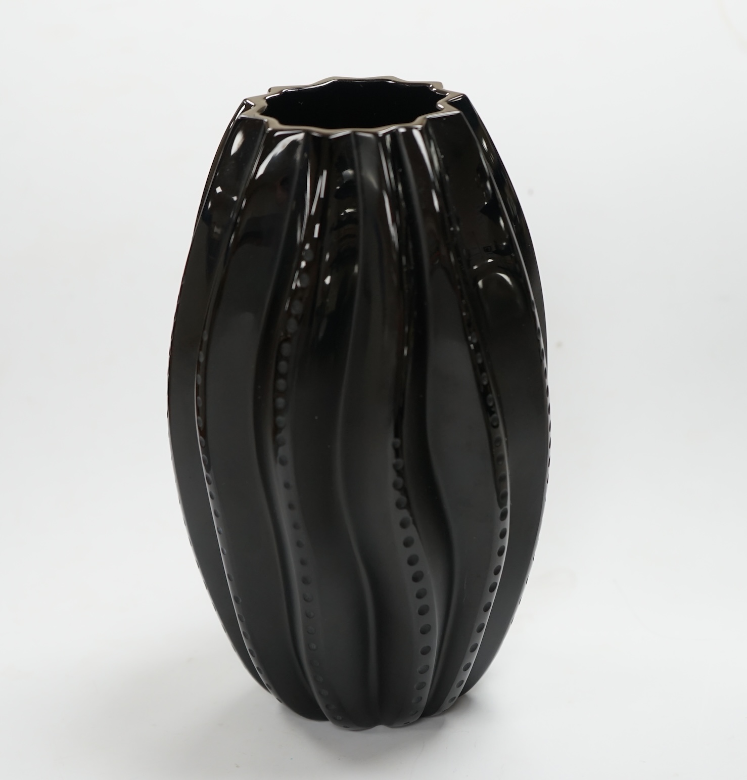 A boxed Lalique Medusa vase, Black Collection, with documents, vase 19cm high. Condition - good